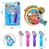 Unicorn Bubble Tube Set – 3 - Pack Blister Card featuring colorful unicorn designs and children blowing bubbles.
